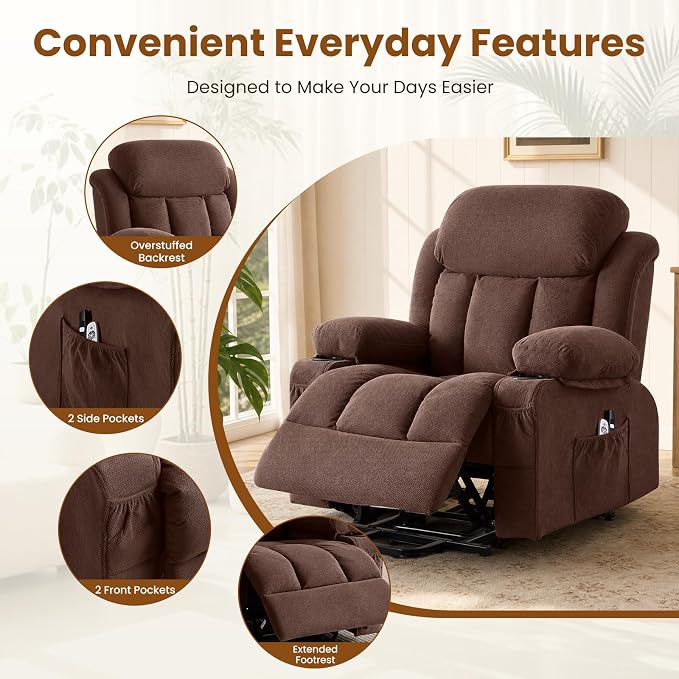 Electric Power Lift Recliner Chair Sofa with Massage and Heat for Elderly,Lift Chair with Cup Holder & Side Pockets for Living Room