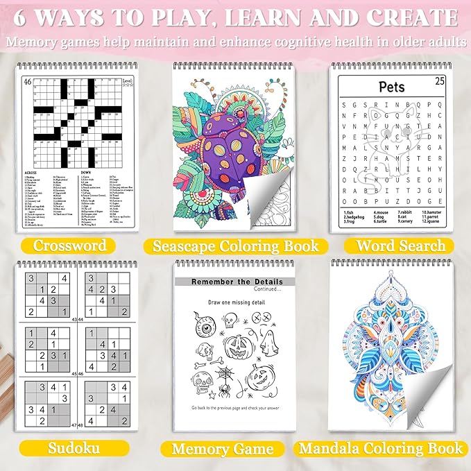 Vashly Large Print 350+ Memory Activities for Seniors: 6-In-1Set Brain Exercise Books with Sudoku, Crossword, Word Hunt & Coloring Books, A4 Spiral Bound, Includes 24 Markers, Gift for Elderly Adults
