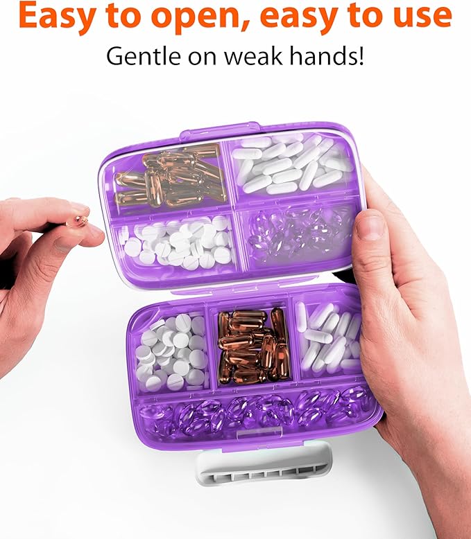Travel Pill Organizer – Moisture-Proof Medicine Pill Organizer with Labels, 8 Compartment Pill Box Case for Vitamins & Supplements, Portable Pocket Pharmacy (Purple)