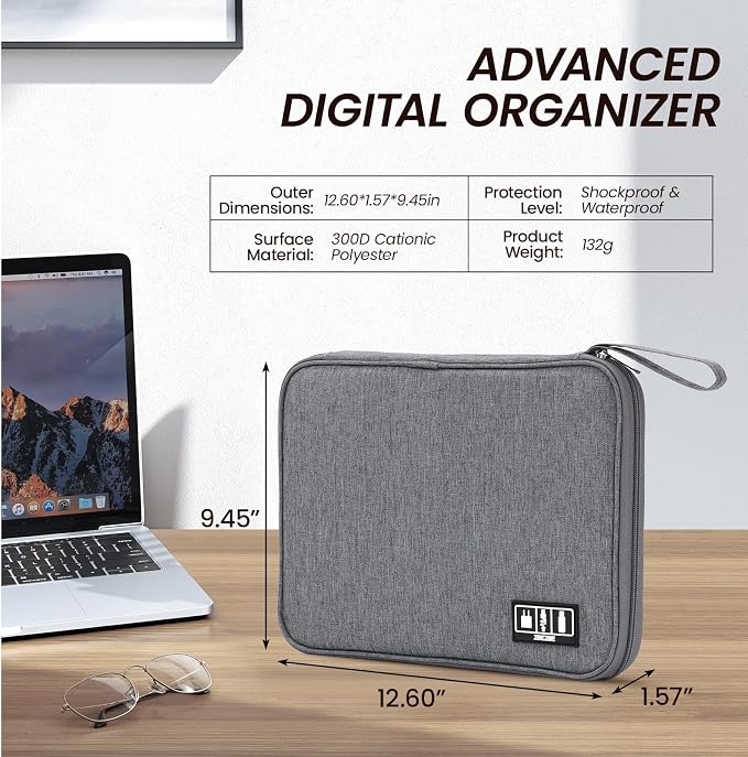 Electronic Organizer Travel Case, Slim Cable Accessories Pouch, Single Layer Tech Pouch & Cord Storage Bag for Chargers, Power Bank, SD Cards - Minimalist Travel Essentials