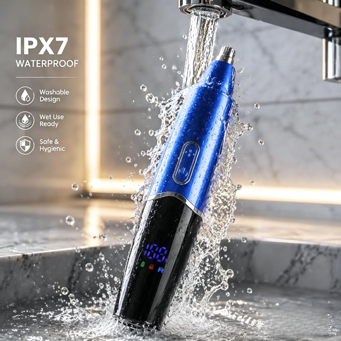 5-in-1 Rechargeable Nose & Ear Hair Trimmer - IPX7 Waterproof Dual Edge Grooming Kit for Men & Women, Perfect for Hair Removal of Nose, Eyebrows, Body, Facial Hair, Sapphire Blue