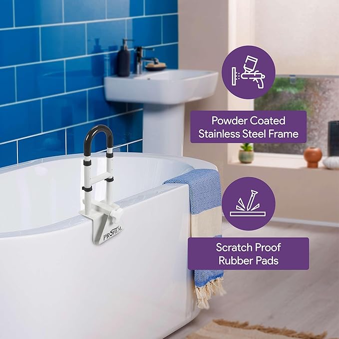 Adjustable Bathtub Grab Bar for Seniors and Fall Risk Patients - Safety Handle Rail for Fall Prevention - Universal Clamp On Bar