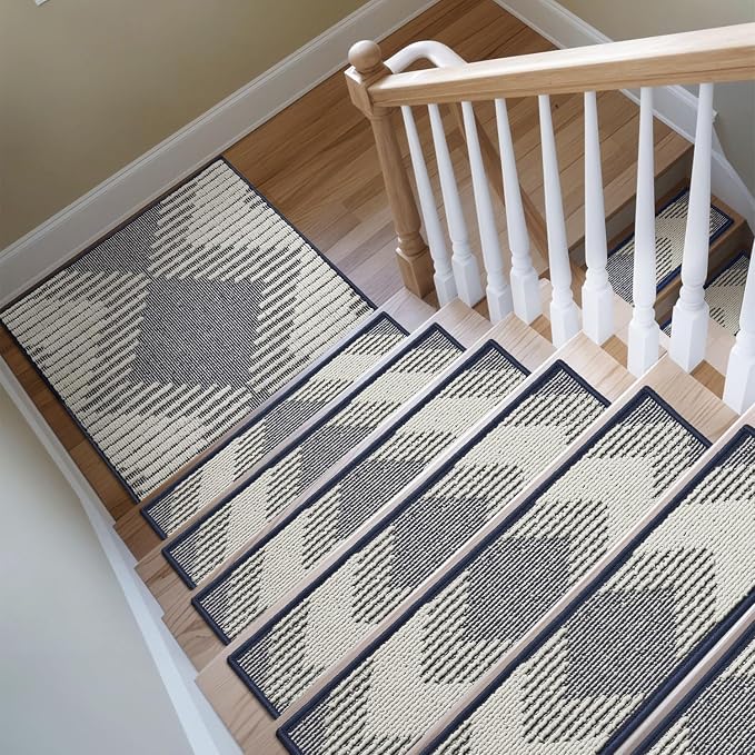 PADOOR Stair Treads Landing Mat Non Slip for Wooden Steps Indoor, 3D Peel and Stick Stair-Carpet Treads Washable Reusable Adhesive Stair Rugs for Kids and Dogs 31"x31" Blue