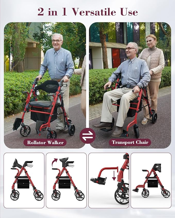 Walkers for Seniors with Seat, 2 in 1 Rollator Walker & Transport Chair with Reversible Backrest & Detachable Footrests, Folding Wheelchair with 8" Anti-Slip PU Wheels, Red