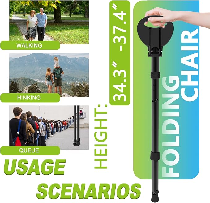 Walking Cane with Seat 34"-37" Adjustable Walking Stick Holds 550lbs Folding Chair Seat Portable Lightweight Aluminum Mobility Aid with Carry Bag for Elderly Handicap Waiting/Queuing/Fishing
