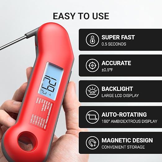 Professional Meat Thermometer Digital, Ultra-Fast 0.5 Sec Instant Read, NIST Certified ±0.5°F Accuracy, IP67 Waterproof, Auto-Rotate Backlit Display, Stocking Stuffers for Men Christmas Gifts for Men