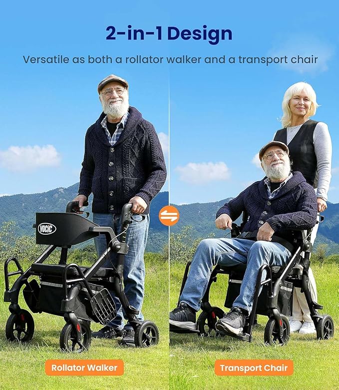 VOCIC Walkers for Seniors, Z55 2 in 1 Walker Wheelchair Combo, No-Bend Footrest, Rollator with 10" All Terrain Big Wheels, Transport Wheelchair Foldable, Rollator with Seat & Brakes, Storage Bag