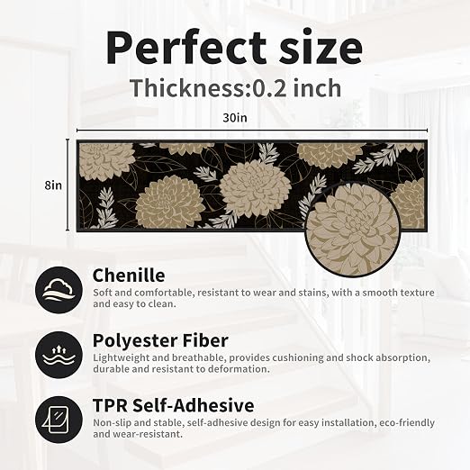 Non Slip Stair Treads for Wooden Steps, 4 Pack 8"x30" Washable Carpet | 8x30 in soft chenille polyester stair treads with reusable TPE backing for indoor wood stairs, dogs, kids, and seniors