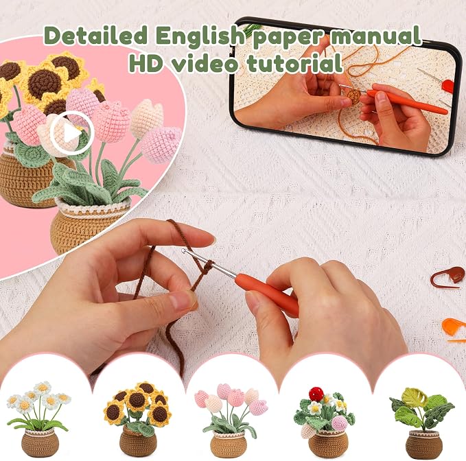Crochet Kit, Tulip and Sunflower Crochet Kit for Beginners, Knitting Kit | Beginner Crochet Kit, Crochet Flower Kit with Step-By-Step Video Tutorials, Beginner Crochet Kit for Adults