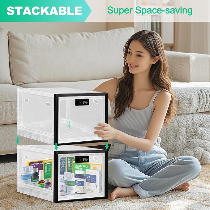 Medication Lock Box with Code, 12.6L Large Lockable Storage Box for Medicine, Snacks, Phone, and Electronics - BPA-Free, Clear Design with Charger Holes for Home, Office, Dorm, and Fridge