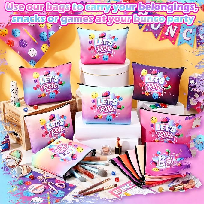 12 Pcs Bunco Gifts for Women Bunco Makeup Bags Let's Roll Dice Game Makeup Bags Casino Lover Gifts Travel Zipper Pouch Dice Game Present Birthday Present for Women Players