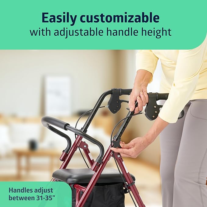 Medline Steel Rollator Walker with Seat, Burgundy, 350 lb. Weight Capacity, 6” Wheels, Foldable, Height Adjustable Handles, Rolling Walker for Seniors, Walker for Mobility Impaired