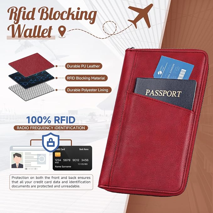 Likesing Family Passport Holder for 5, RFID Multiple Passport Holder-Brown | Leather RFID Blocking Travel Passport Wallet with Zipper, Travel Document Organizer with Wrist Strap Card Slots for Women Men