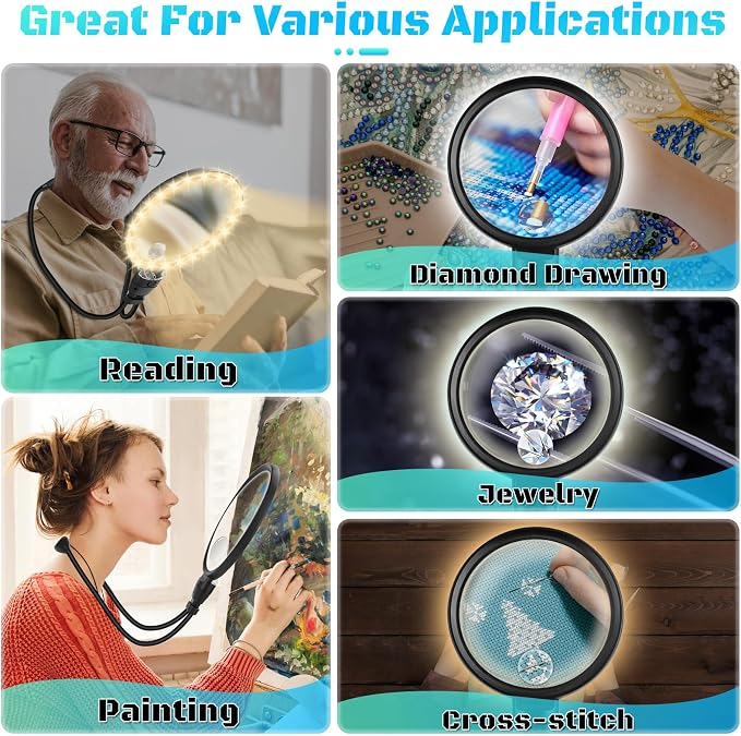 10X 30X Large Magnifying Glass with Light, Hands Free Magnifying Glass for Reading, 3 Color LED Lights Flexible Gooseneck Magnifier for Close Work Reading Sewing, 4.3in