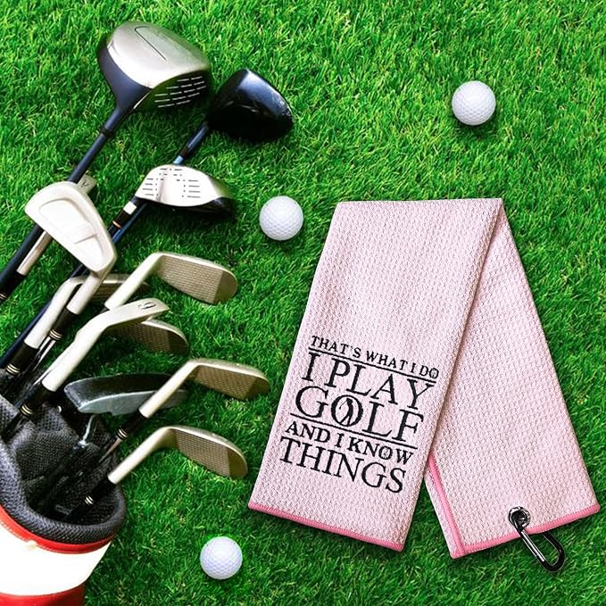 DYJYBMY That's What I Do I Play Pink Golf Towel with Clip, Funny Golf Accessories for Women, Embroidered Sports Towel for Golfer Bestie, Birthday Retirement Golfing Gifts for Mom Aunt Sister Family