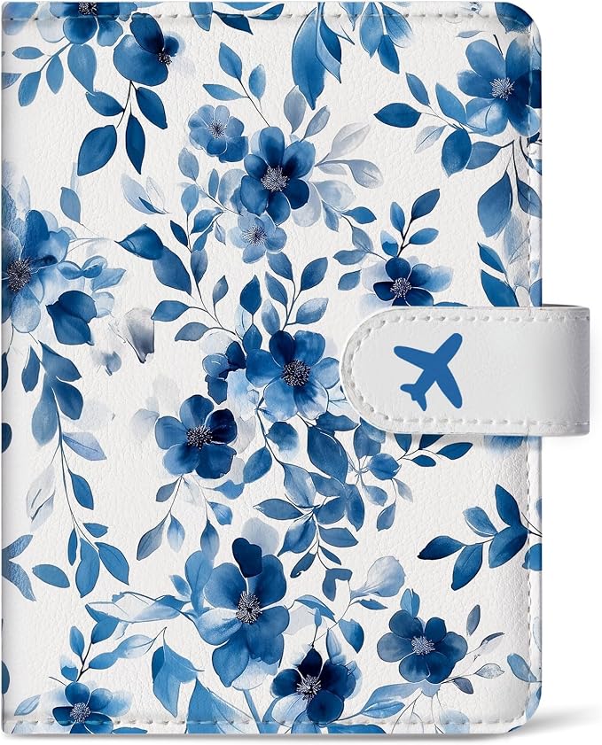 Passport Holder for Travel Essentials, RFID Blocking Leather Cover Wallet with Magnetic Closure, Aesthetic & Cute Passport Book Case for Women and Men - BlueFloral
