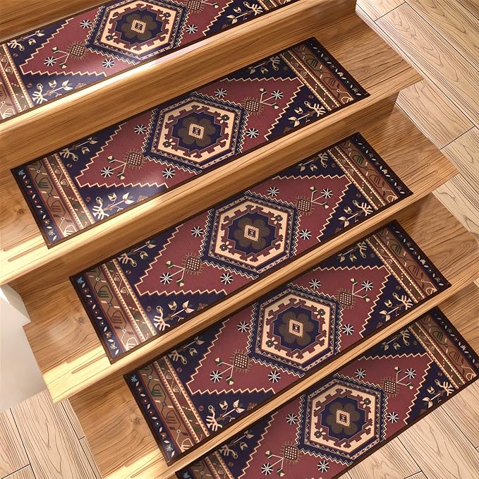 GIB Stair Treads for Wooden Steps Indoor, 15 Pack 8" X 30" Non Slip Carpet Stair Treads with Reusable Adhesive for Kids Elders and Dogs, Boho Vintage Oriental Stair Runner, Brown