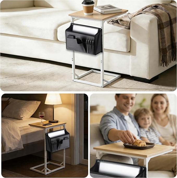C Shaped End Table for Couch, Small Side Table for Living Room & Bedroom, Slide Under Sofa Table for Laptop, Coffee, Snacks, Easy Assembly, Modern Design