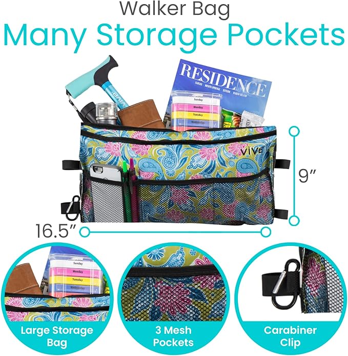 Vive Walker Bag - Accessories Wheelchair Basket Pouch (Water Resistant) - Seniors Caddy Accessory Attachment for Folding, Rolling Walkers - Carry Storage Carrier Tote - Lightweight, Universal Size