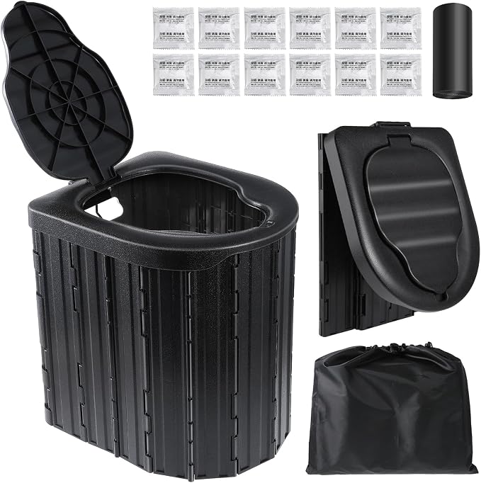 Portable Toilet for Adults, Foldable Plastic Toilet, with Lid and Paper Holder Travel Porta Potty for Adults Camping, Hiking, RV, Fishing, Beach, Road Trip, Truck, Hunting (black-15.7''H)