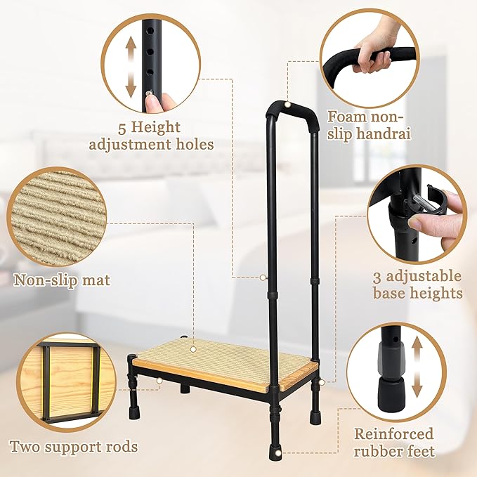 Step Stool with Handle for Elderly Adults, Medical Bedside Stepping Stool for High Beds, SUV Rv Car Safety Steps, Bedroom Bathtub Foot Stool Stairs Platform Adjustable Handrail Heavy Duty 400lb