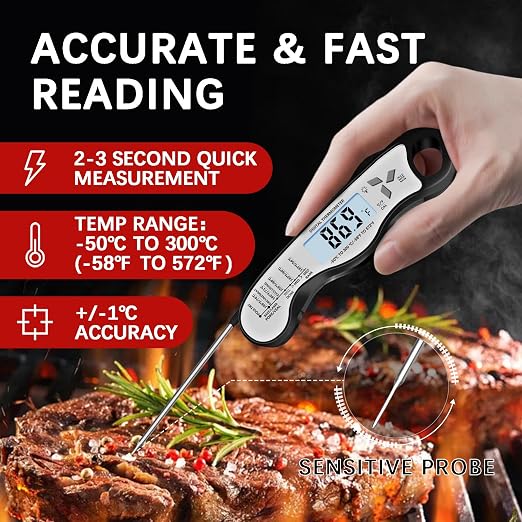 Cooking Thermometer，IP67 Waterproof Meat Thermometer Digital | Backlight，Magnetic attraction，Hold Function，Instant Read，LED screen，for Cooking,Outdoor Grilling