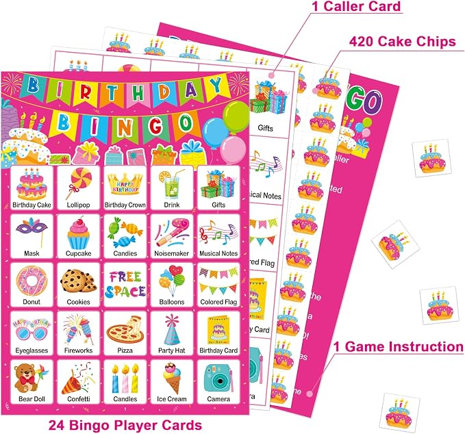 Birthday Bingo Game Cards for Kids Girls Adults - 24 Players Birthday Party Bingo Games for School Classroom Family Kids Birthday Party Activities Supplies