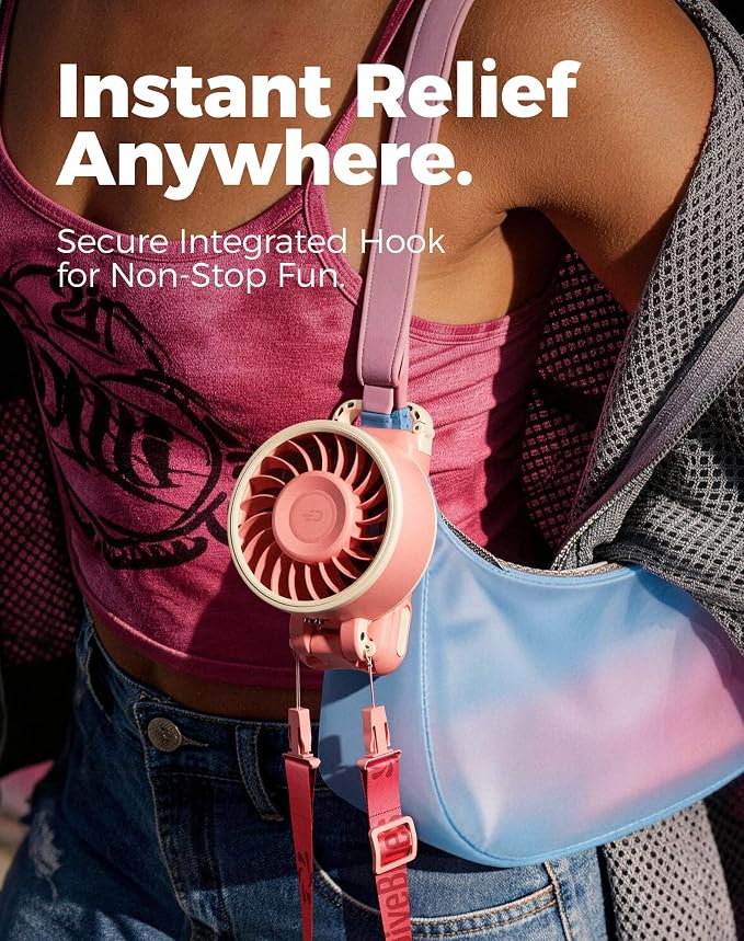 Diveblues Portable Turbo Fan, Pink Travel Fan, Wearable Neck Fan | Small High Speed Handheld, 180° Foldable 4-in-1, Personal Neck Fan with Carabiner Clip, 100 Speed Stepless Control