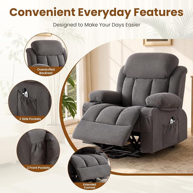 Electric Power Lift Recliner Chair Sofa with Massage and Heat for Elderly,Lift Chair with Cup Holder & Side Pockets for Living Room