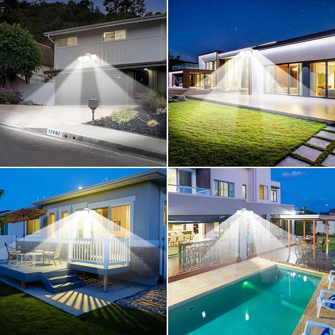 LED Security Lights Motion Sensor Outdoor Lights, 6500K Daylight, IP65 Waterproof, Dusk to Dawn, 3-Head Motion Detected Flood Light for Garage, Yard, Porch, White
