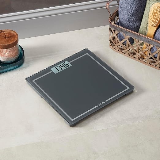 Taylor Digital Bathroom Scale with Handle, Blue Gray Glass Platform, 440 lb Capacity, 12x12 Inch