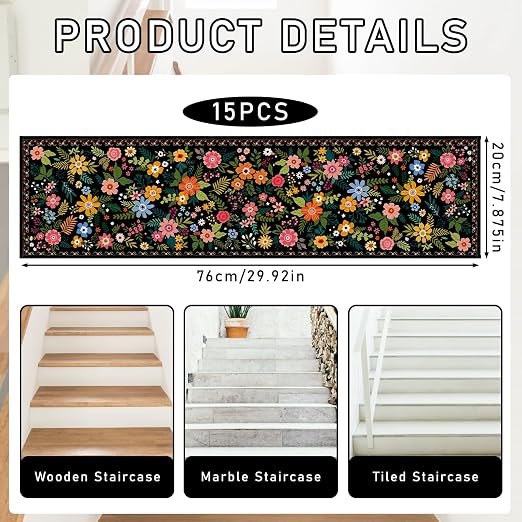 Black Floral Stair Treads 15 Pack Non Slip Stair Runner | 15PCS Black Floral Stair Runners Non Slip Indoor 8x30 Inch, Washable Carpet Rugs, Silicone Backing Kids Elders Dogs