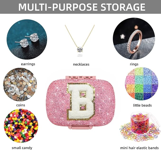 Cute Pill Organizer Small Bling Pill Case for Purse Medicine Vitamin Container Holder Daily Pill Box Container for Women Travel Medicine Kit(Letter B Pink)
