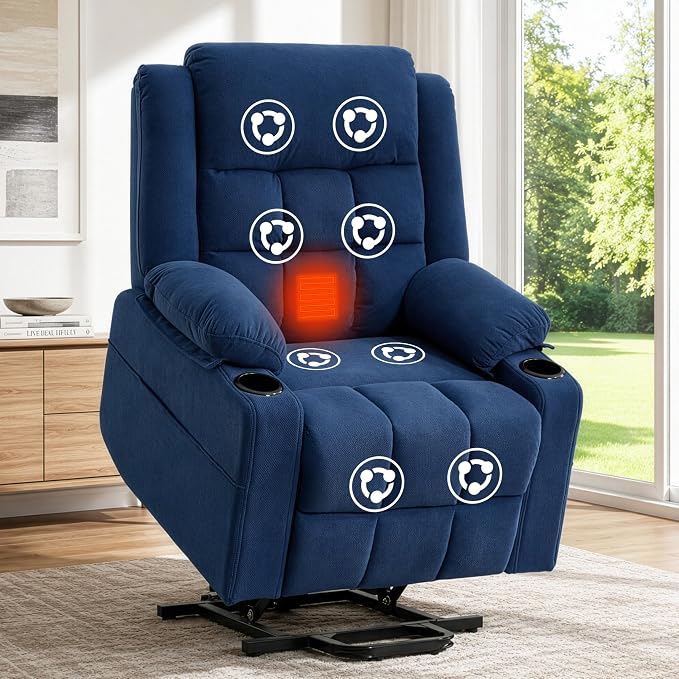 Power Lift Recliner Chair for Elderly Adults with Massage and Heat, Fabric Electric Recliner Sofa with Side Pocket, Two Cup Holders for Living Room L9912 (Navy Blue)