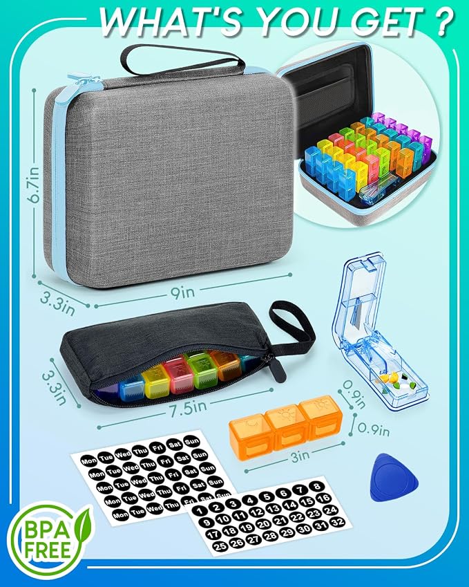 Monthly Pill Organizer 2 Times a Day with Weekly Pill Bags, Portable Hard Shell Case, Pill Cutter & Opener Pick, Monthly and Weekly Stickers for Medication Management (Blue, 3 Times a Day)
