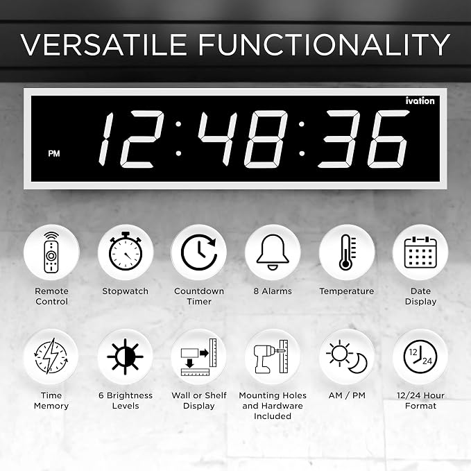 Ivation Oversized 36" Large Digital LED Clock | Big Digital Clock w/Multi-Function Display – Stopwatch, Timer, Alarms, Temp & Date | 6 Brightness Levels, Time Memory & Remote (White)