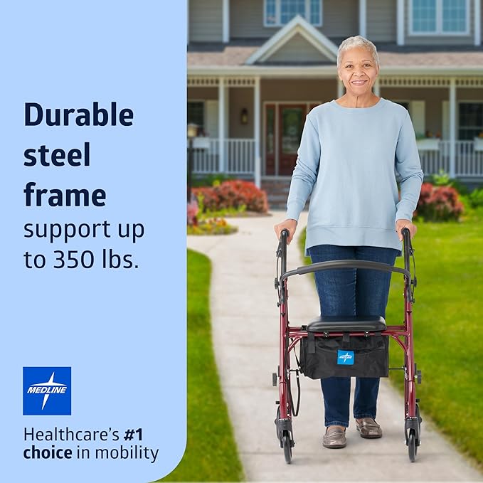 Medline Steel Rollator Walker with Seat, Burgundy, 350 lb. Weight Capacity, 6” Wheels, Foldable, Height Adjustable Handles, Rolling Walker for Seniors, Walker for Mobility Impaired