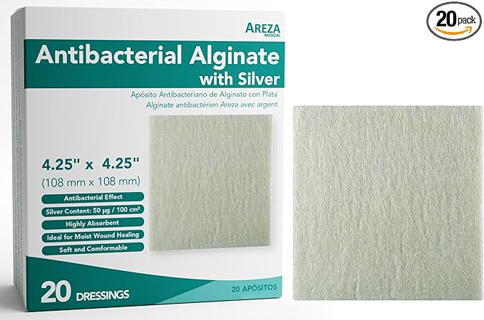 Areza Silver Calcium Alginate Antibacterial Wound Dressing Pads – Sterile, Non-Stick, Highly Absorbent; for Wound Drainage & Infection Risk (4.25″×4.25″, 20-Pack per Box), 1 Box