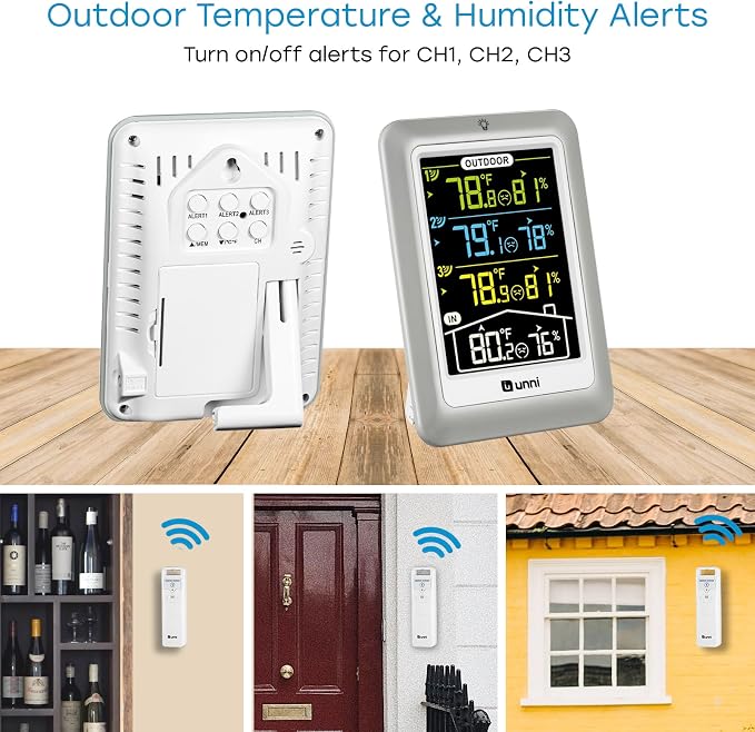 Indoor Outdoor Thermometer Wireless 4.5 Inch Display Digital Hygrometer | Temperature Humidity Monitor with 330ft Range Sensor and Adjustable Backlight with 3 Sensors (Multi)