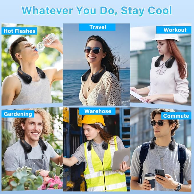 Portable Neck Fan Rechargeable, 5 Speeds, Lightweight, Long Lasting, Battery Operated All-Around Cooling Quiet Personal Fans for Travel Camping Cooling Essentials, Birthday Gifts for Women Men Mom Dad