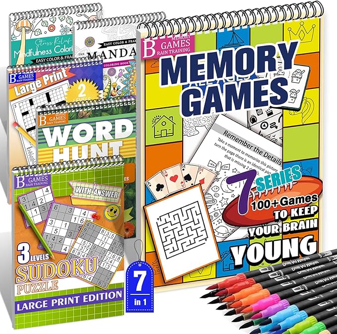 Vashly Large Print 350+ Memory Activities for Seniors: 6-In-1Set Brain Exercise Books with Sudoku, Crossword, Word Hunt & Coloring Books, A4 Spiral Bound, Includes 24 Markers, Gift for Elderly Adults