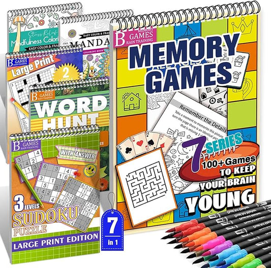 Vashly Large Print 350+ Memory Activities for Seniors: 6-In-1Set Brain Exercise Books with Sudoku, Crossword, Word Hunt & Coloring Books, A4 Spiral Bound, Includes 24 Markers, Gift for Elderly Adults