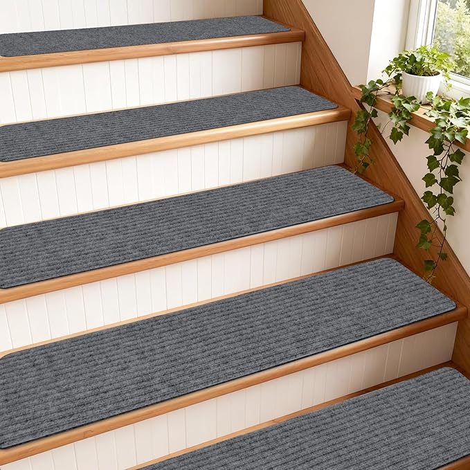 Extra Wide Non Slip Stair Treads for Wooden Steps 9" x36'' – 15 Pack Extra Wide Carpet Runners with Reusable Adhesive, Step Pads for Dogs, Kids, Seniors, Machine Washable – Dark Grey