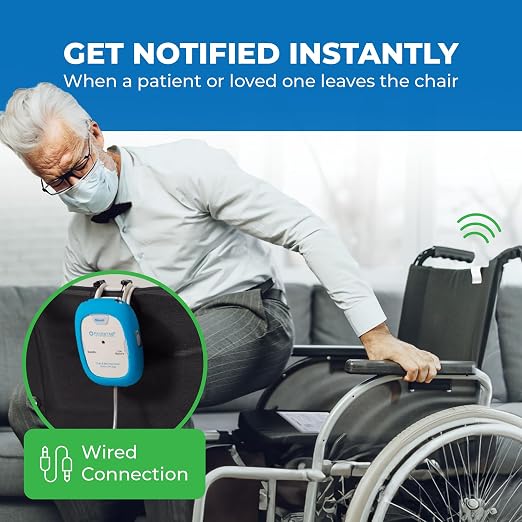 Patient Aid Chair Alarm with 10" x 15" Motion Sensor Pad and Wired Device with Rubber Casing, Ring Sound and Mounting Options, AC Adapter and Battery Powered Wandering and Fall Prevention for Elderly