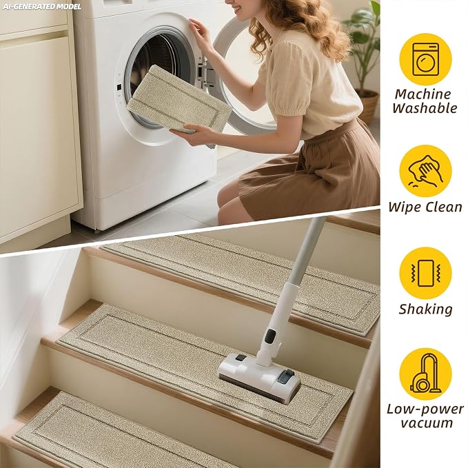 JSEI Stair Treads for Wooden Steps Indoor, 4-Pack, 30" x 8", Light Beige | Non Slip Stair Treads, Washable Polyester Stair Mats with TPE Backing, Low Profile Stair Rugs for Kids, Seniors and Dogs