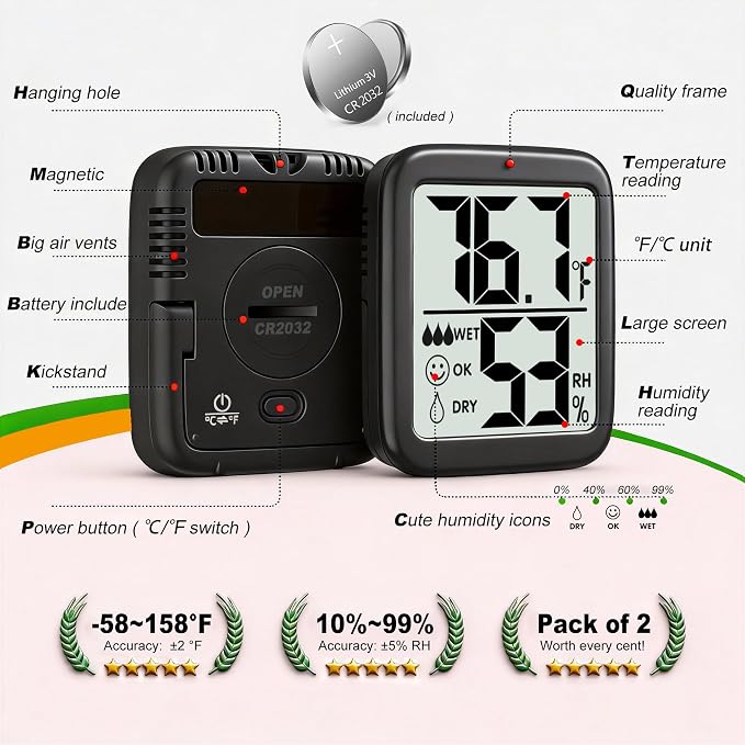 2 Pack Room Thermometer Indoor Hygrometer | Monitor Temperature & Humidity, Accurate, Fast Read, Easy To View, Magnetic/Kickstand/Hanging, ℉/℃, w/ Battery, Compact