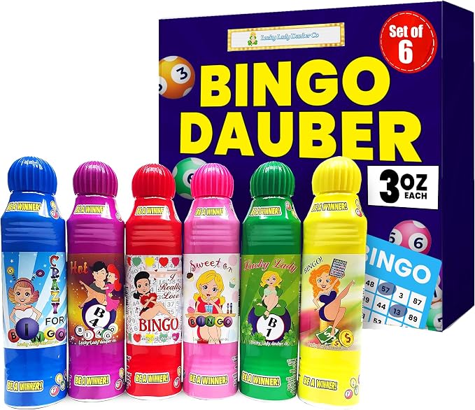 Lucky Lady Bingo Daubers for Adults - 6-Pack Assorted Colors Bingo Markers - Smooth & Even Application, Non-Drip & Quick-Dry Formula, Made with Dab-O-Ink
