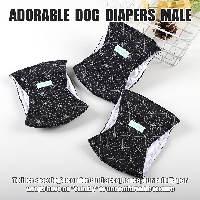 wegreeco Washable Male Dog Diapers (Pack of 3) - Washable Male Dog Belly Wrap (Black Asanoha Pattern, X-Large)