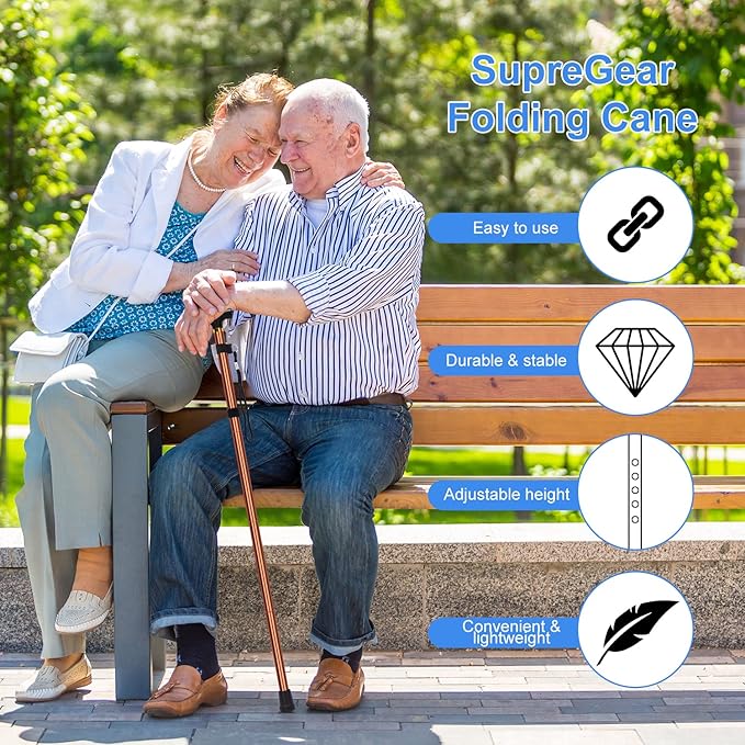 supregear Folding Cane, 5-Level Adjustable Height Walking Stick Lightweight Collapsible Portable Travel Cane with Wrist Strap and T Handle for Elderly Disabled Men Women