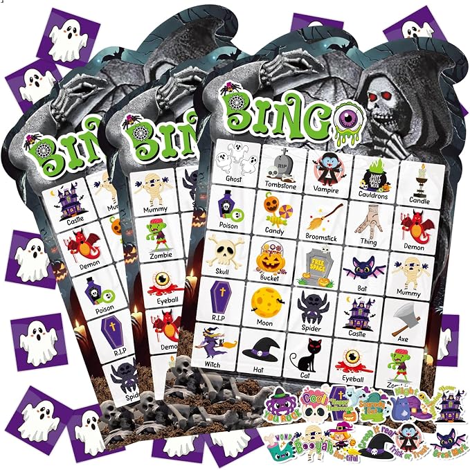 39 Pcs Halloween Party Bingo Game for Adults Kids 24 Players Tomb Shaped Bingo Game Card with Rewards Stickers for Families Friends Students Large Group Gathering Activities Boo Spooky Party Favors